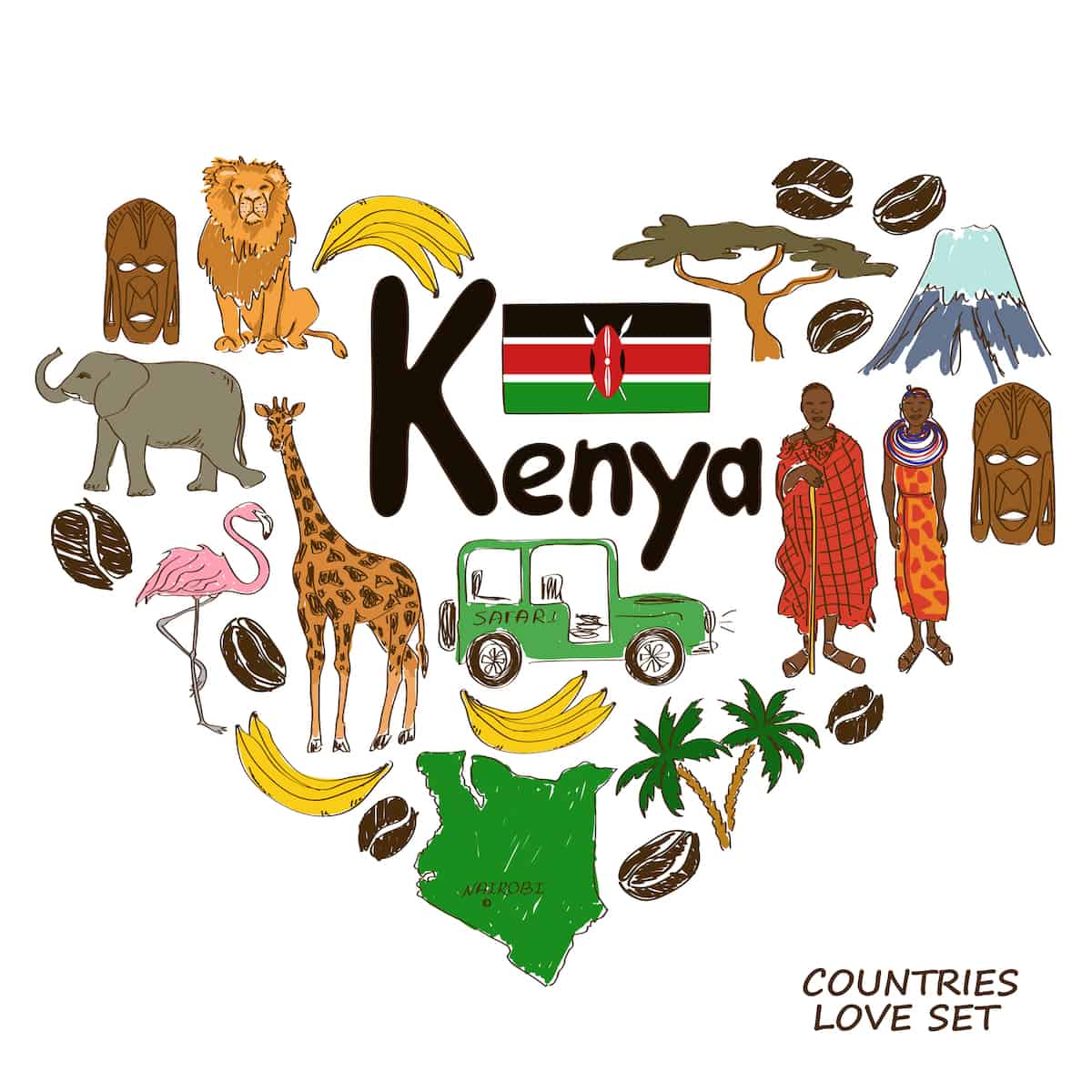 Kenyan symbols in heart shape concept